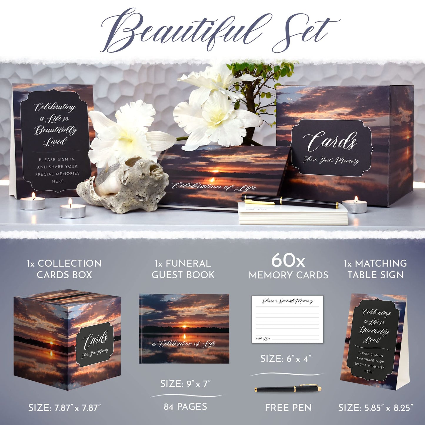 All-in-One Funeral Guest Book Set – Elegant Memorial Guestbook, Funeral Register Book, 60 Memory Cards, Collection Box, Black Pen, Table Sign, Celebration of Life Guest Book, Memorial Keepsake